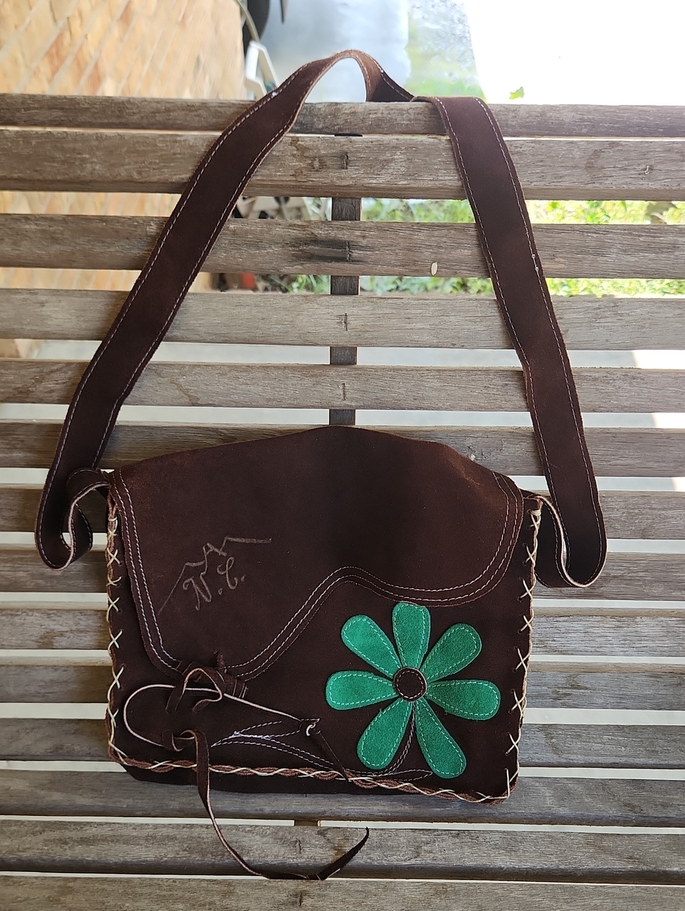 Brown Suede Crossbody Bag with Green Flower Accent